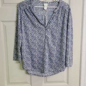 H&M Shirt Floral Henley Long Sleeve Blue White Print Women's Size M